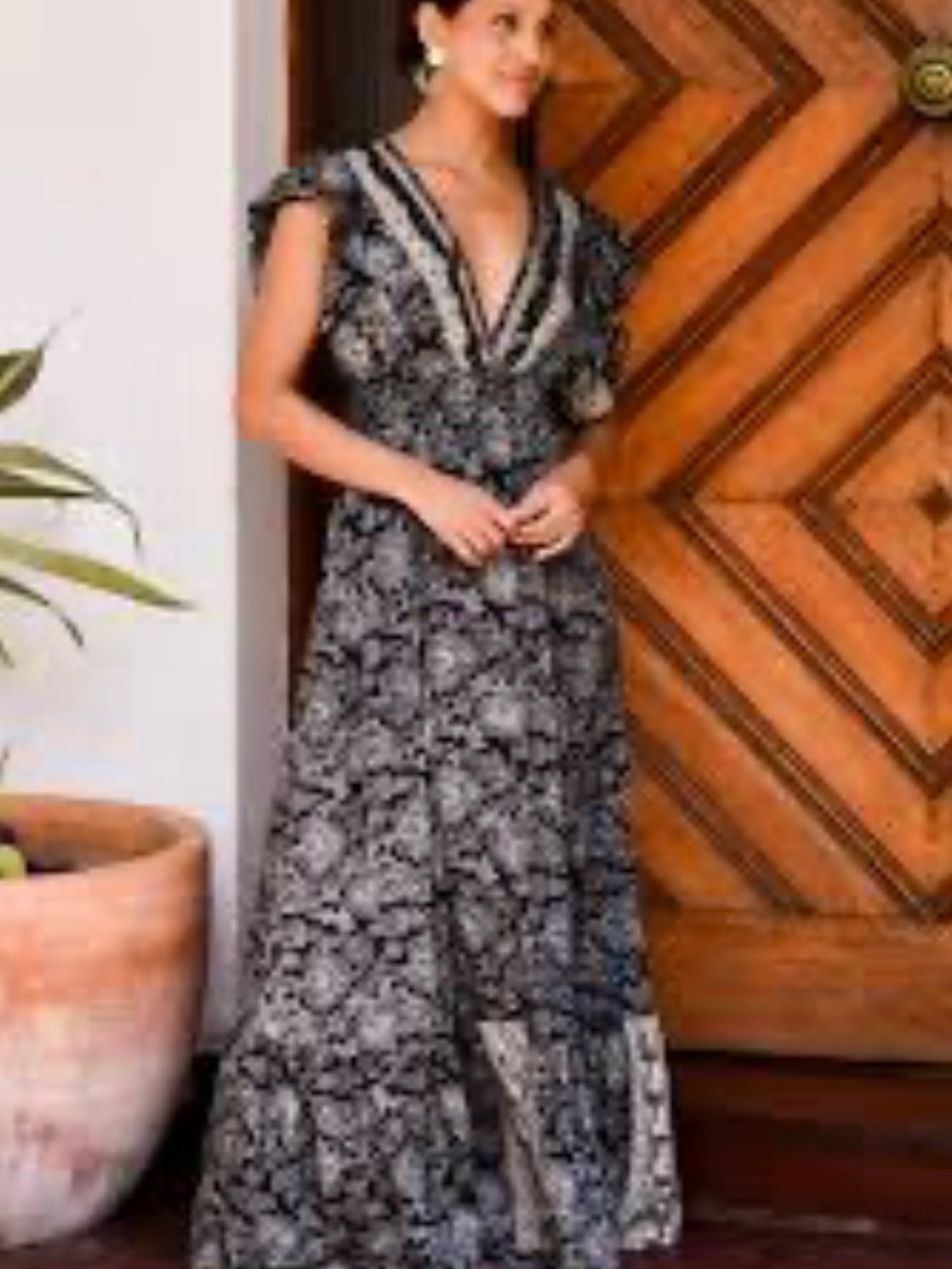 Ruffled V-Neck Wrap Maxi Dress in Black and Yellow Floral